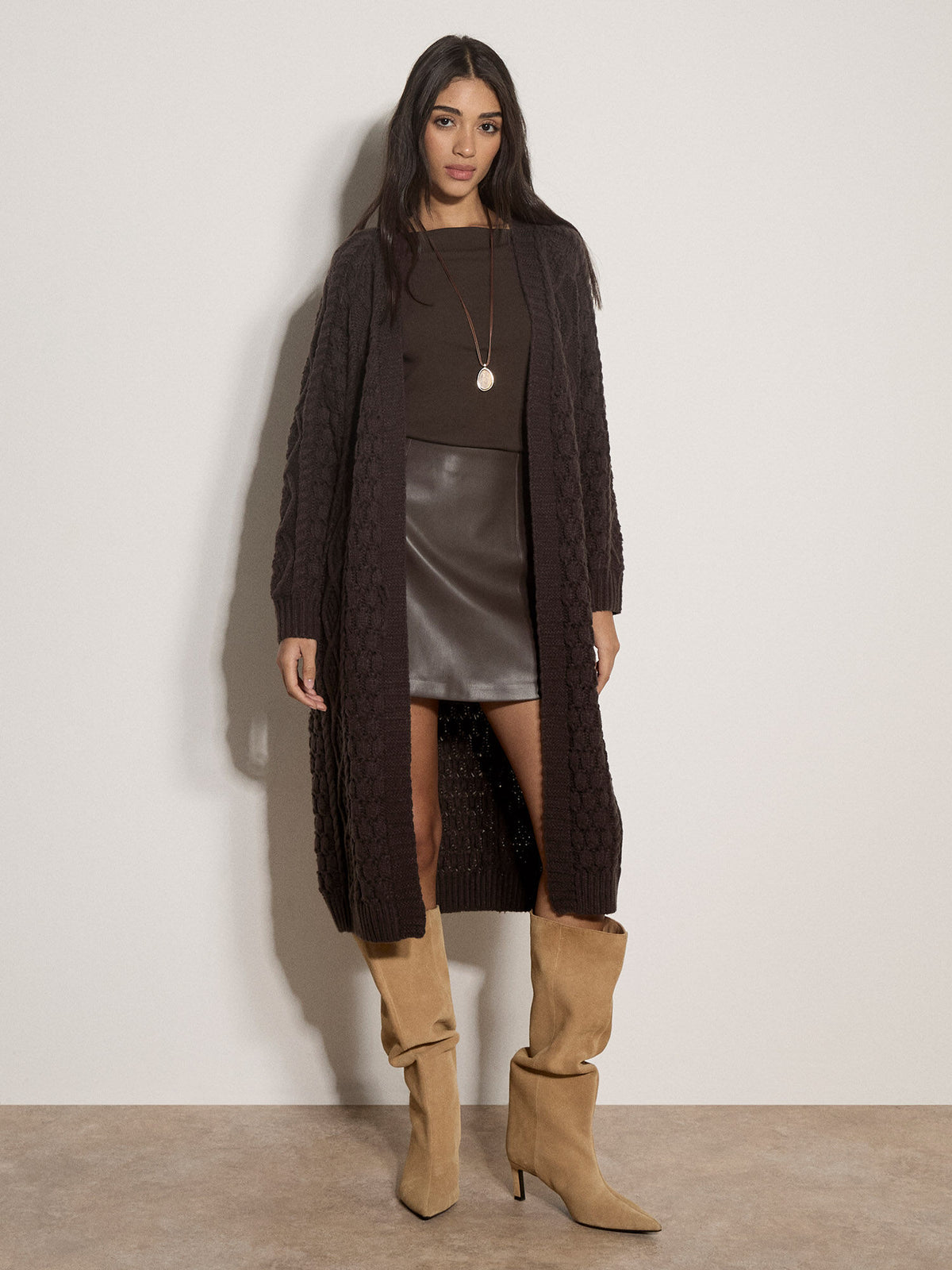 Cable Knit Open Midi Cardigan