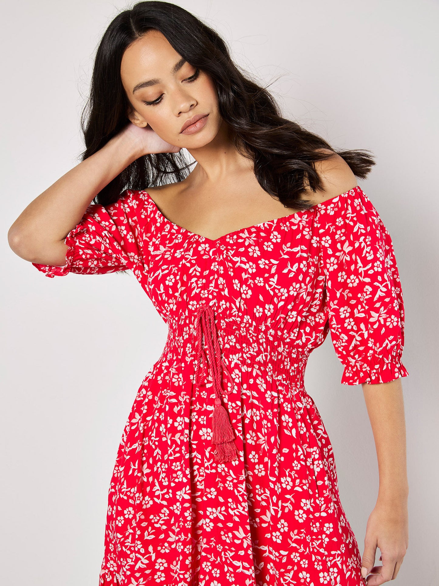Sarasa Floral Bardot Mini Dress