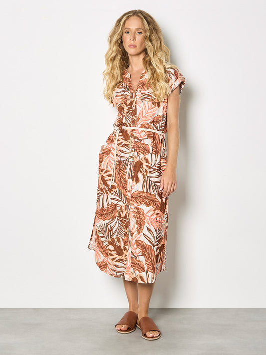 Tropical Leaf Linen Blend Shirt Midi Dress
