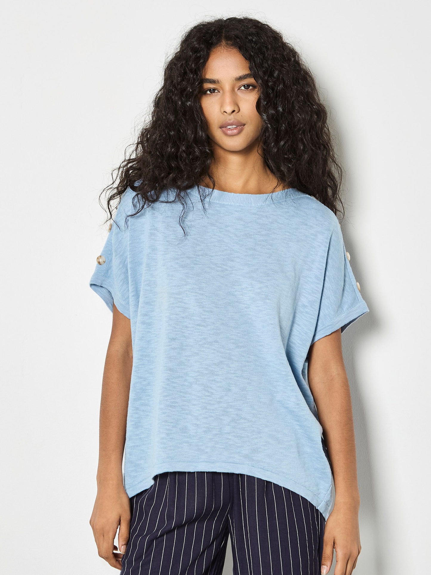 Button Detail Knitted Cotton T-Shirt