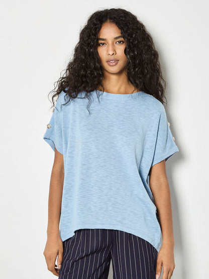 Button Detail Knitted Cotton T-Shirt