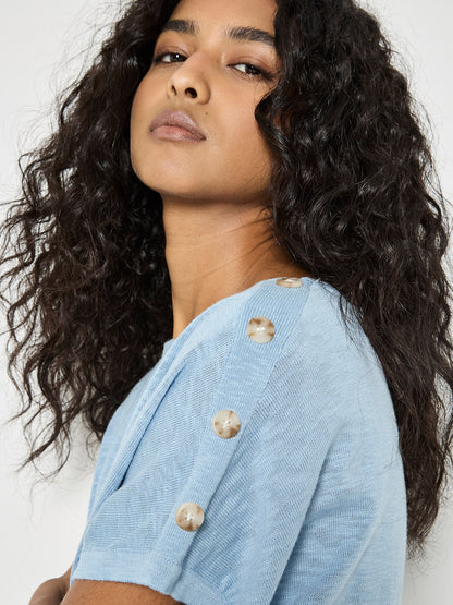 Button Detail Knitted Cotton T-Shirt
