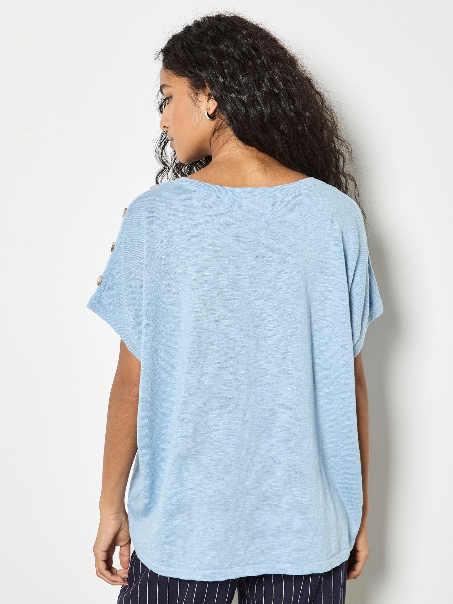 Button Detail Knitted Cotton T-Shirt