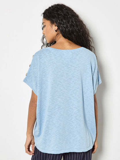 Button Detail Knitted Cotton T-Shirt
