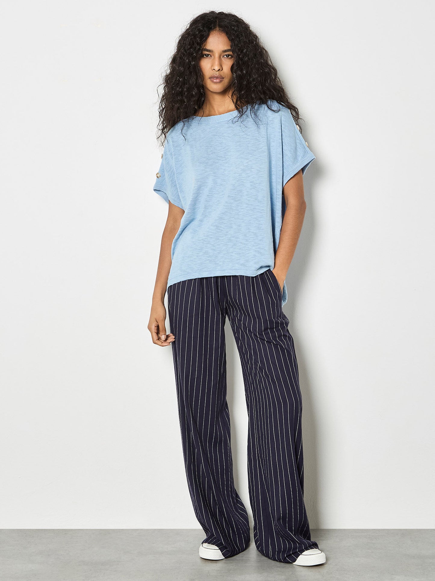Button Detail Knitted Cotton T-Shirt