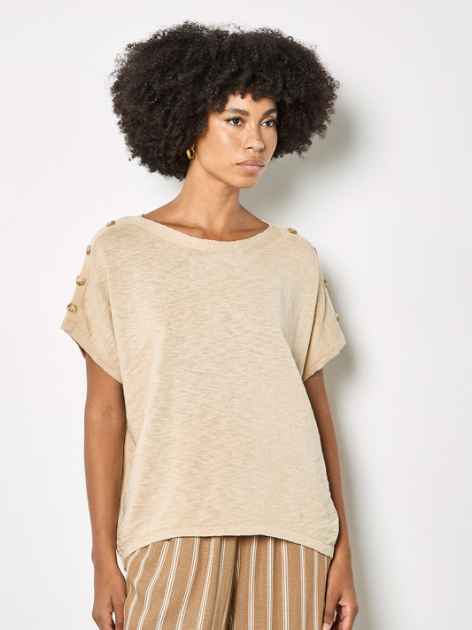 Button Detail Knitted Cotton T-Shirt