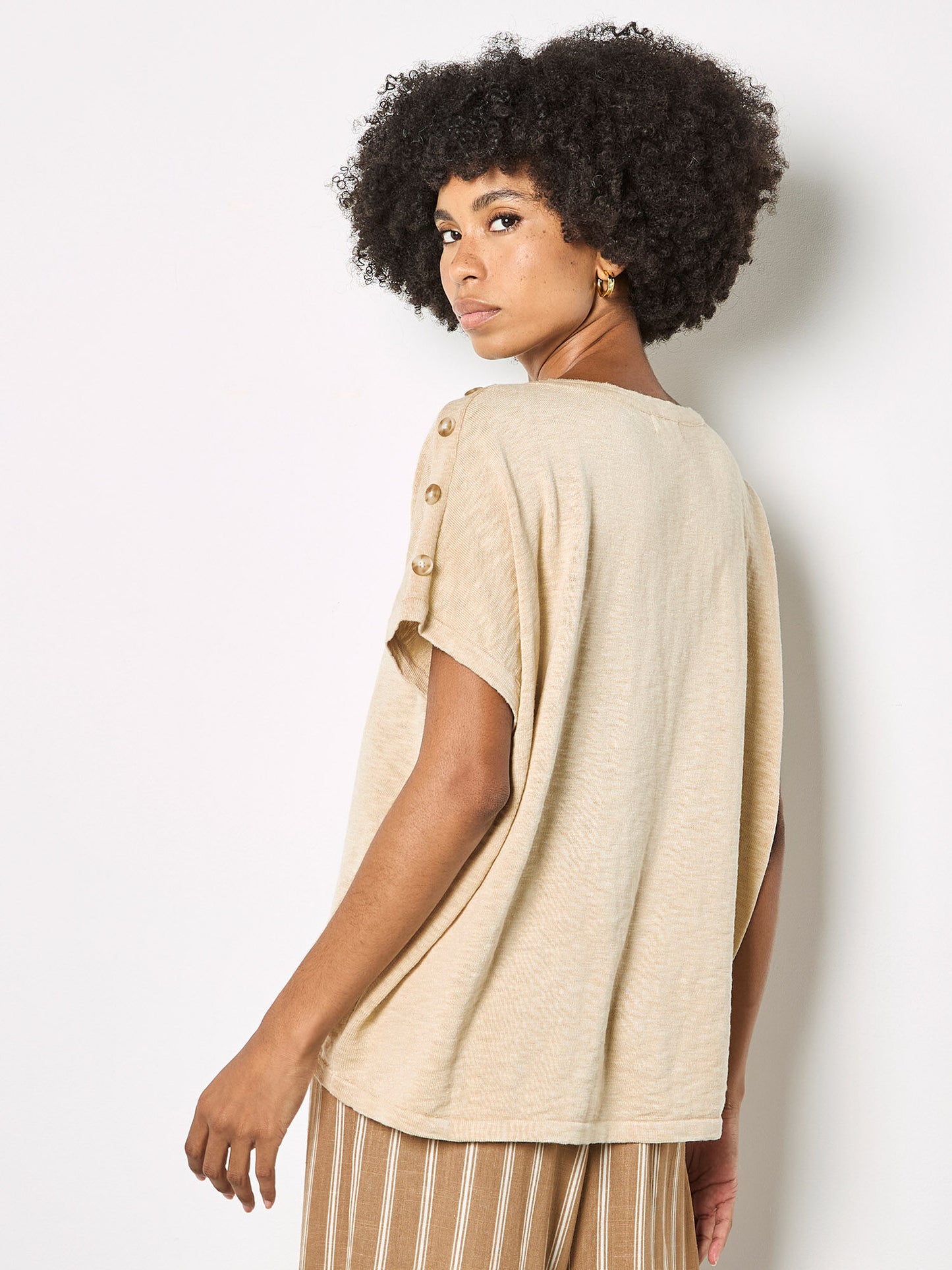 Button Detail Knitted Cotton T-Shirt