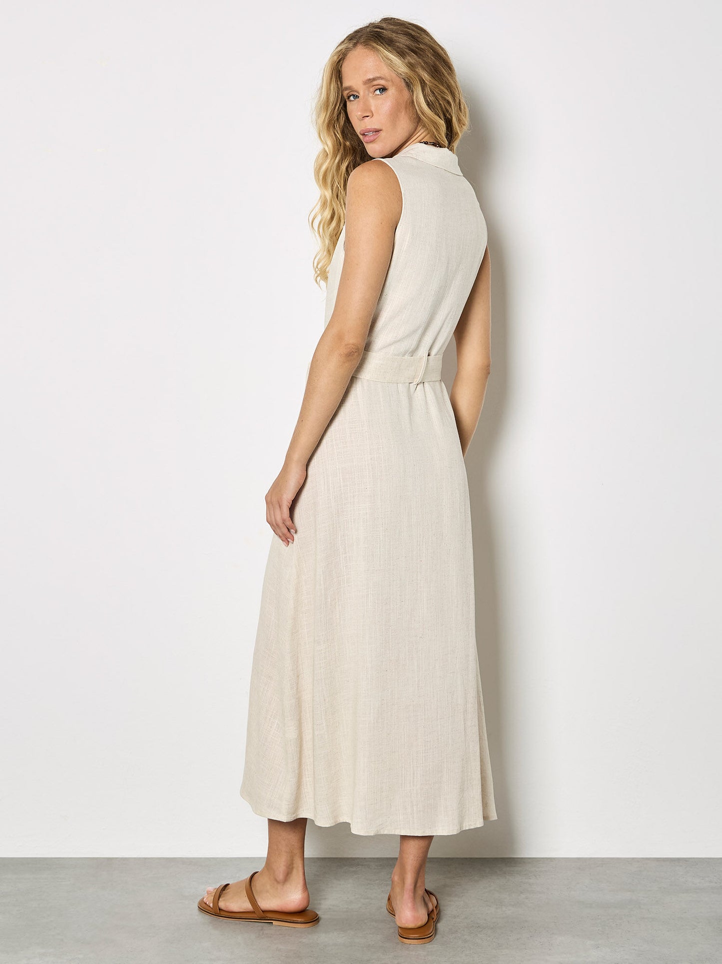 Linen Blend Shirt Midi Dress