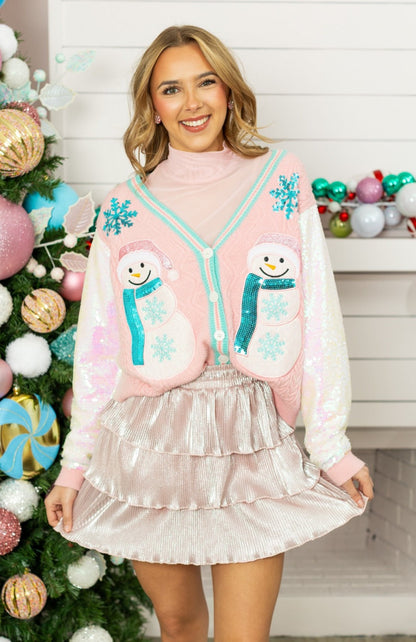Snowman Cardigan With Sequin Sleeves