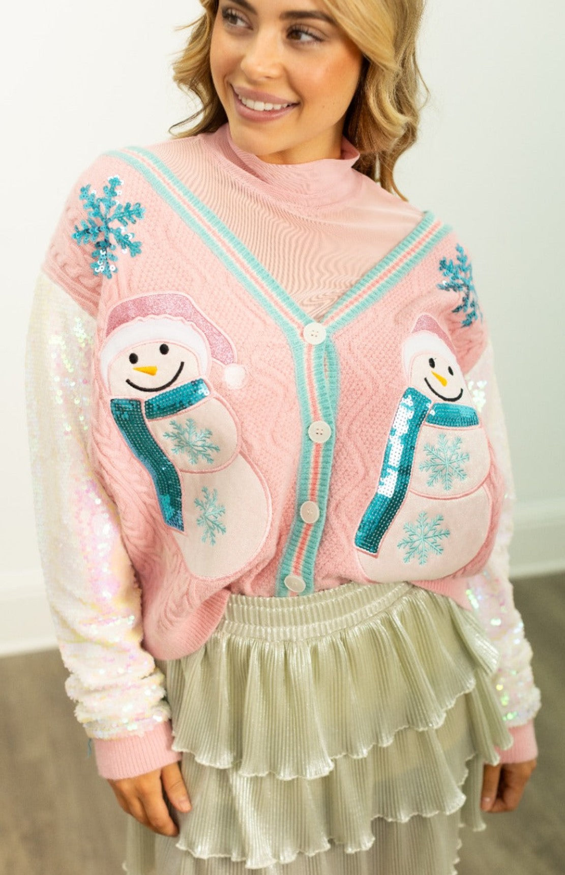 Snowman Cardigan With Sequin Sleeves